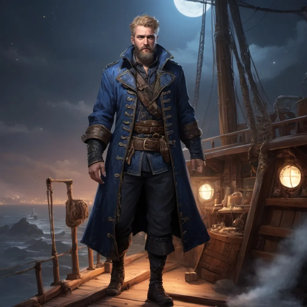 Prompt: (Full body) male stocky heavy-built pirate witch with short dark-blonde hair and beard, blue eyes, wearing magic coat, on a ship by land at night, pathfinder, d&d setting, in a realistic high quality digital art style