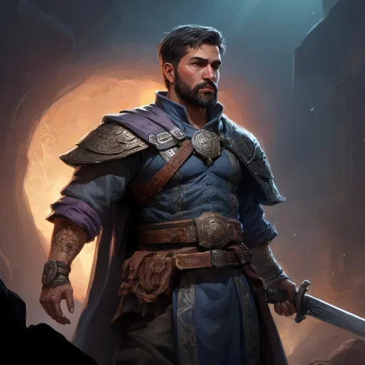 Prompt: Male stocky large mature mexican fighter with short-cut hair and beard, exploring a dark astral dungeon, pathfinder, d&d setting, in a realistic high quality digital art style, enhanced shadow quality, colorful