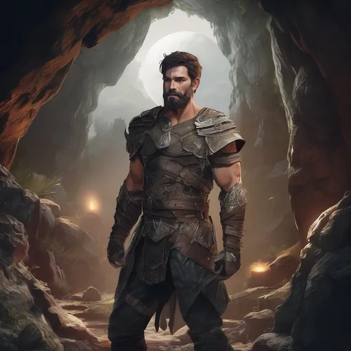 Prompt: (Full body) male handsome large muscular dualist with short hair and beard, outside of a cave by a forest at night, pathfinder, d&d setting, in a realistic high quality digital art style