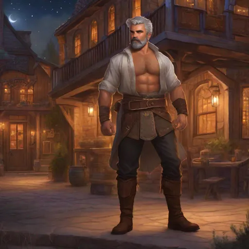 Prompt: (Fullbody) male adult brawler manly face short grey hair bearded no shirt hairy chest, heavy belt , swirly magic, brown boots, pathfinder, dungeons and dragons, outside a town at night, in a painted style, realistic