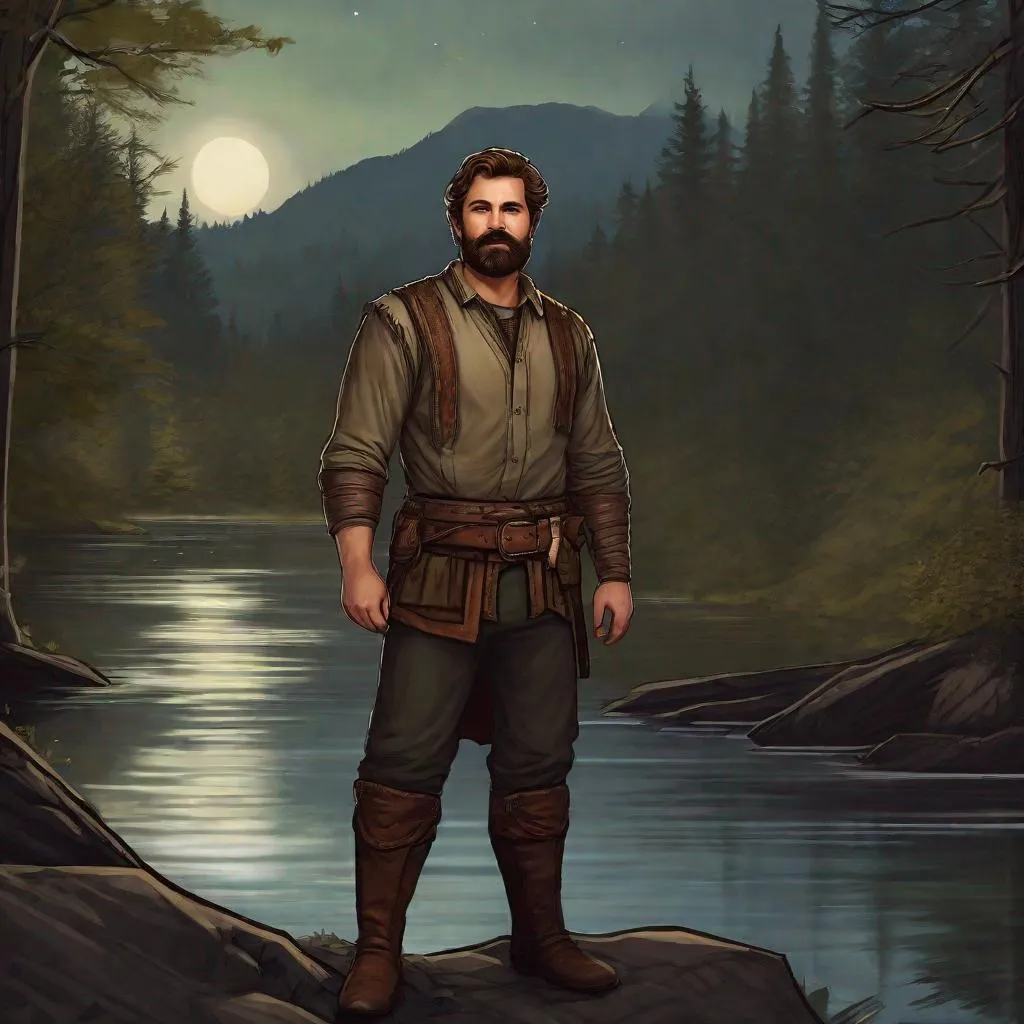 Prompt: (Fullbody) male large adult ranger manly face, brown short-hair short-bearded, thin shirt very hairy chest, heavy belt, brown boots, pathfinder, dungeons and dragons, dark forest by a lake at midnight, in a painted style, realistic