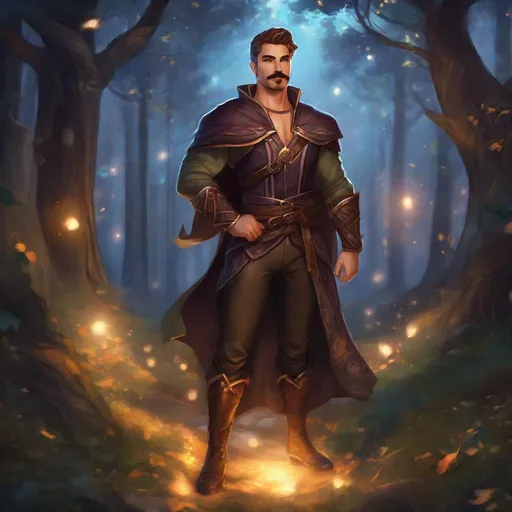Prompt: (Full body) A male muscular mage with short cut hair with a mustache and stubble manly face, pathfinger, magic swirl, visible chest, leather pants, holding magic, dungeons and dragons, brown boots, fantasy setting, standing in a forest glade at night, in a painted style realistic art