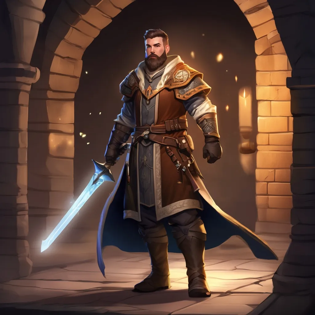 Prompt: (Full body) male magical stocky cleric with short hair and beard, in a dark dungeon, pathfinder, d&d setting, in a realistic digital art style