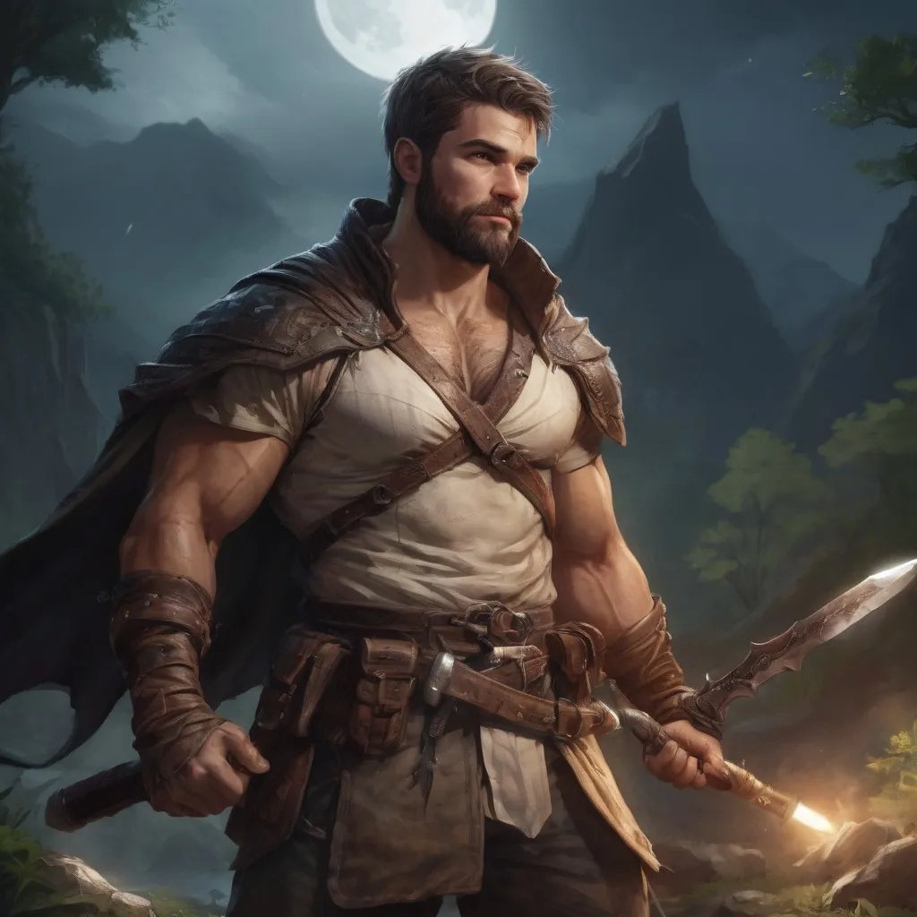 Prompt: male stocky fat muscular 
ranger-fighter with short hair and beard, holding fantasy-weapon, in nature at night, pathfinder, d&d setting, Realistic, Enhanced shadow and light quality