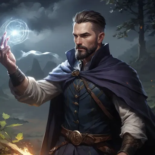 Prompt: Male stocky fit 36-year old handsome magus with short-cut hair and beard, holding magic-spell, in a windy nature at night, pathfinder, d&d setting, enhanced shadow quality