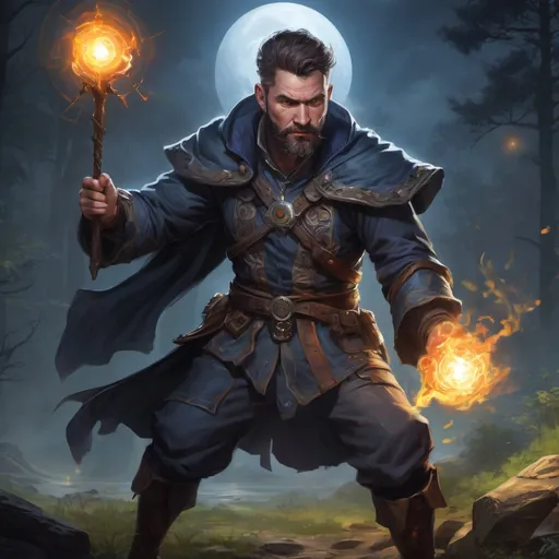 Prompt: Male stocky large mature sorcerer with short-cut hair and beard, engaged in combat casting a magic-ray out of hands in nature at night, pathfinder, d&d setting, in a realistic high quality digital art style, enhanced shadow quality, colorful