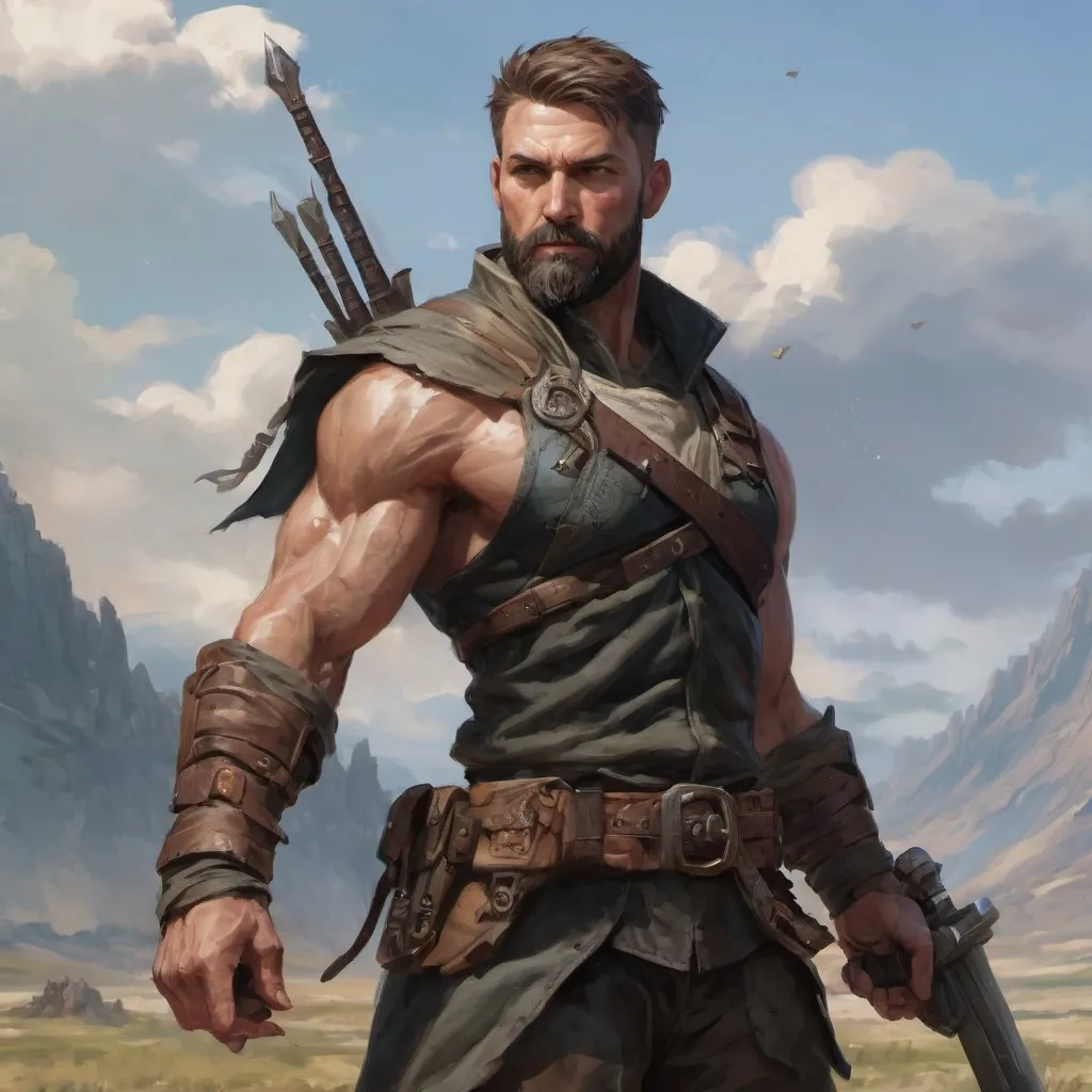 Prompt: (torso) Male heavy-set mature fit ranger with short-cut hair and beard, holding fantasy-weapon , in a windy battlefield, pathfinder, d&d setting, enhanced shadow quality