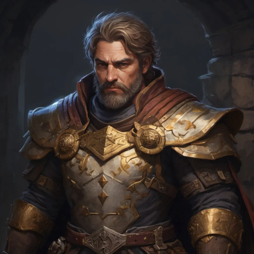 Prompt: Male stocky hairy mature paladin, with short hair and beard, exploring a dark dungeon, pathfinder, d&d setting, in a realistic high quality digital art style, enhanced shadow quality, colorful