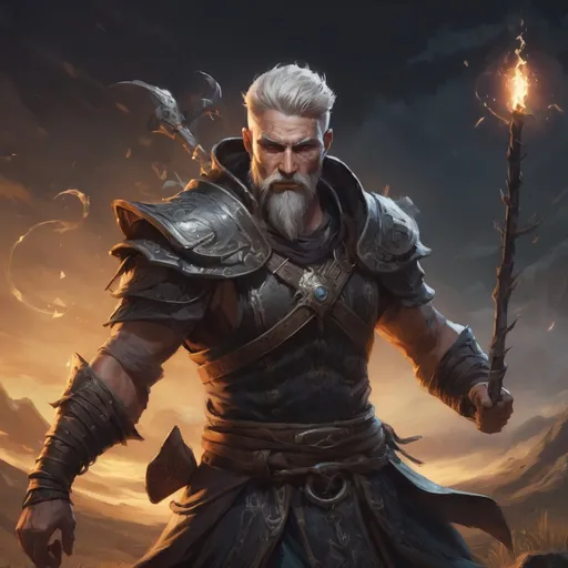 Prompt: Male heavy-set handsome fit fantasy-druid with short-cut hair and beard, casting magic out of magic wooden-staff, in a windy field at night, pathfinder, d&d setting, enhanced shadow quality