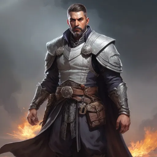 Prompt: Male stocky heavy-set mature illutionist with short-cut hair and beard, on a battlefield, in combat, casting a white-spell, pathfinder, d&d setting, in a realistic high quality digital art style, enhanced shadow quality, colorful