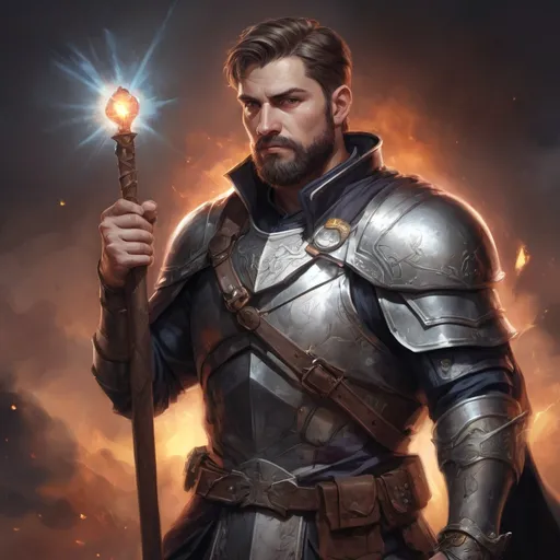 Prompt: (torso) Male stocky manly magical crusader with short-cut hair and beard, on a battlefield, in combat, holding a magic staff, bright aura, pathfinder, d&d setting, in a realistic high quality digital art style, enhanced shadow quality