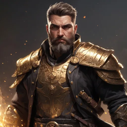 Prompt: Male stocky heavy-set mature illutionist with short-cut hair and beard, on a battlefield, in combat, casting a gold-spell, pathfinder, d&d setting, in a realistic high quality digital art style, enhanced shadow quality