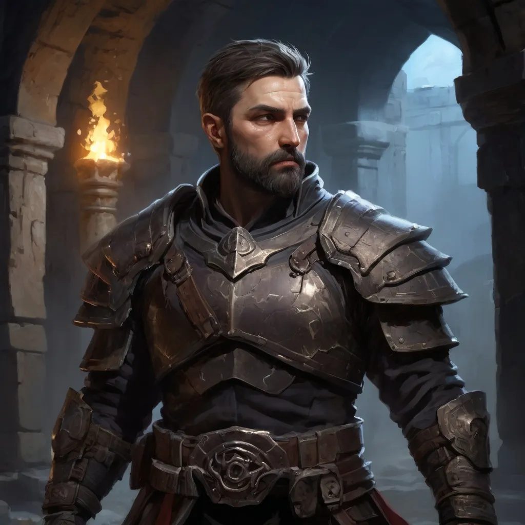 Prompt: Male stocky large mature dragoon with short-cut hair and beard, in a ruined temple dungeon at night, pathfinder, d&d setting, realistic , enhanced shadow quality, colorful