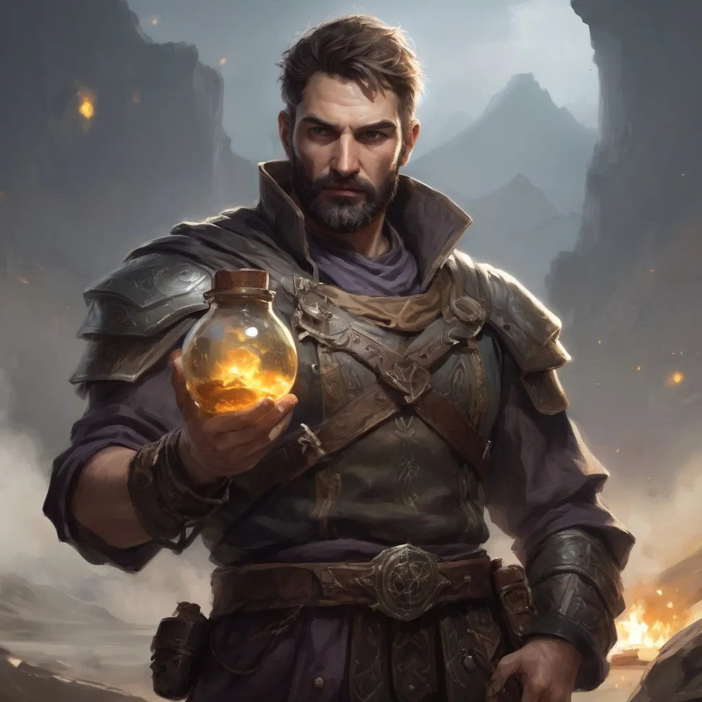 Prompt: Male stocky greek stocky fit mature arcane-alchemist with short-cut hair and beard, on a battlefield, in combat, holding a magic-potion, pathfinder, d&d setting, realistic high quality, enhanced shadow quality