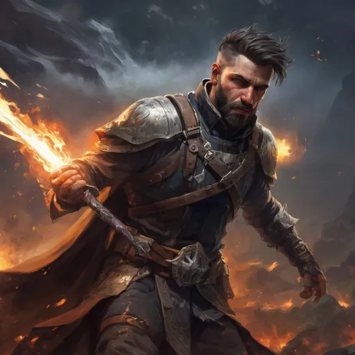 Prompt: Male heavy-set mature fit arcanist with short-cut hair and beard, casting healing-magic out of hands on a wounded male warrior, in a windy battlefield at night, pathfinder, d&d setting, enhanced shadow quality
