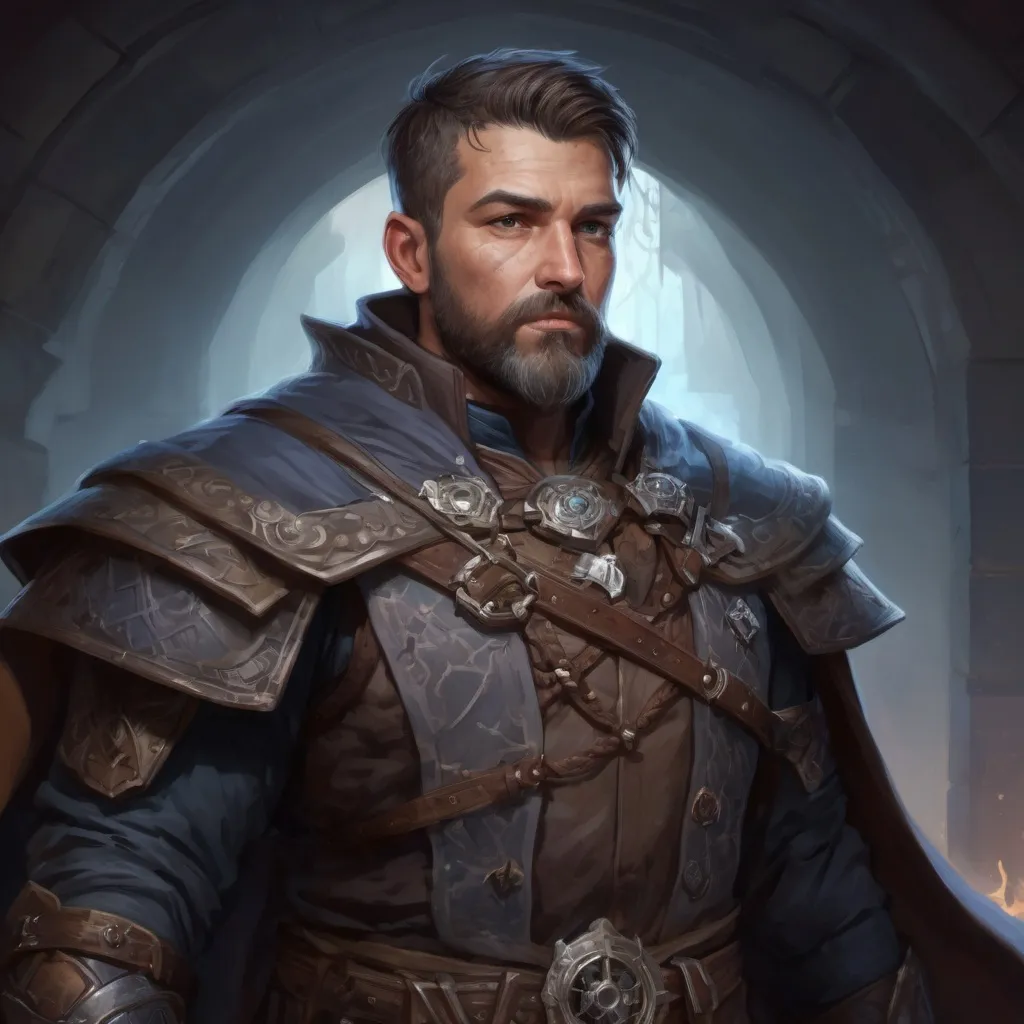 Prompt: Male stocky large mature arcanist with short-cut hair and beard, exploring a dark magic dungeon, pathfinder, d&d setting, in a realistic high quality digital art style, enhanced shadow quality, colorful