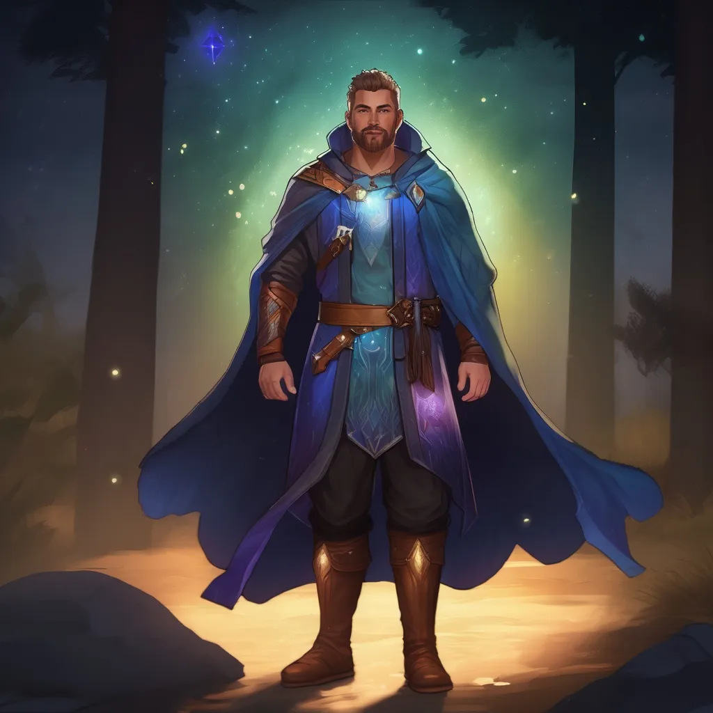 Prompt: (Full body) male stocky astral magus with short hair and beard, open shirt, in dark lit nature background, pathfinder, d&d setting, in a realistic digital art style