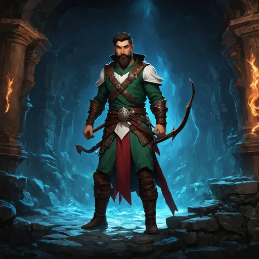 Prompt: (Full body) male ranger with short hair and beard, holding a bow, exploring an underground temple in the dark, magic swirls, pathfinder, d&d setting, in a drawn digital art style