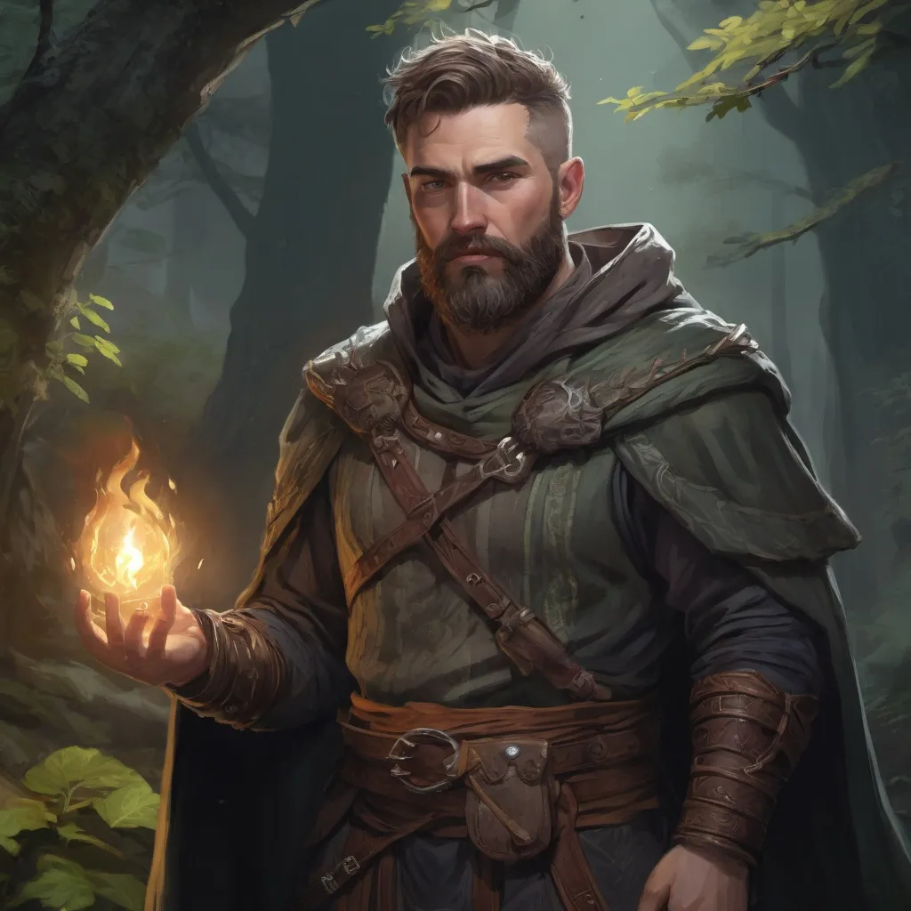 Prompt: male stocky large-built druid with short-cut hair and beard, in nature at night pathfinder, d&d setting, in a realistic digital art style