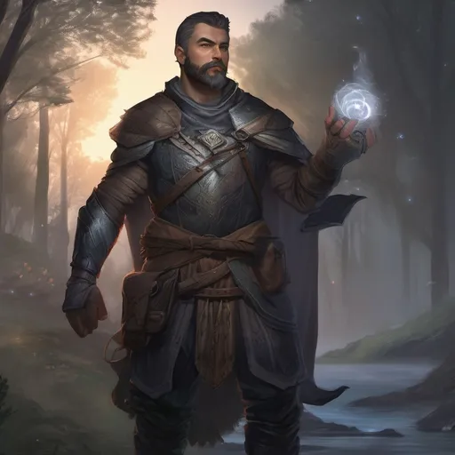 Prompt: (Full body) male stocky big-chested sorcerer with striped short hair and beard, hairy chest, casting swirly bright spell, in nature at night, pathfinder, d&d setting, in a realistic digital art style