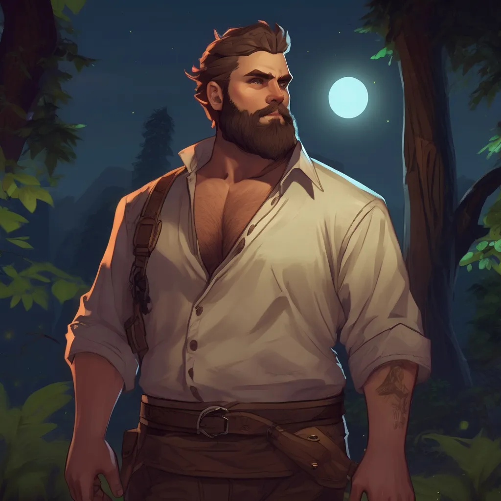 Prompt: (Full body) male stocky big-chested hairy-chested warlock with short hair and beard, open shirt, in nature at night, pathfinder, d&d setting, in a realistic digital art style