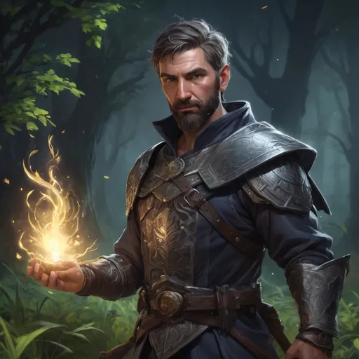 Prompt: (head and torso) Male heavy-set mature fantasy-mage with short-cut hair and beard, holding magic-spell, in a grass field covered in trees at night, in combat, pathfinder, d&d setting, in a realistic high quality digital art style, enhanced shadow quality
