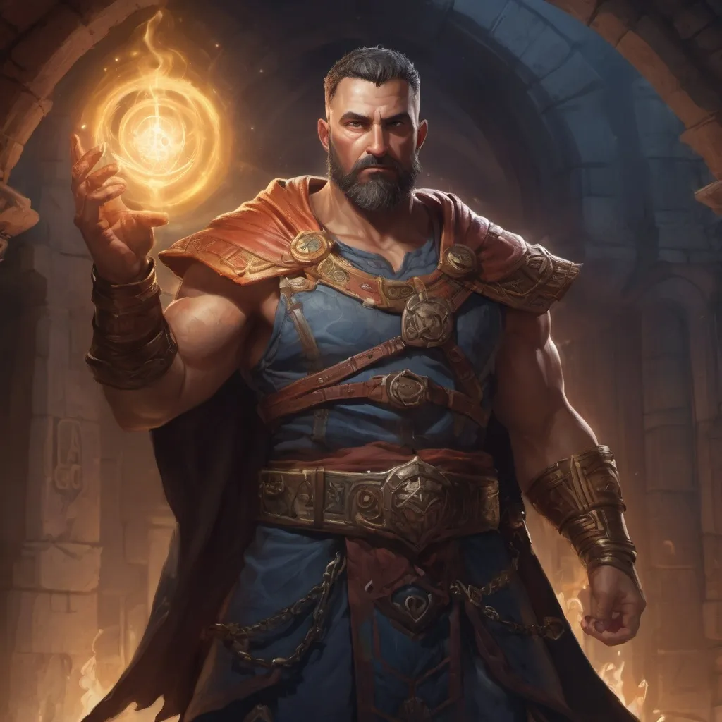 Prompt: (torso) Male stocky mature muscular summoner with short-cut hair and beard, inside of a magical temple dungeon at night, surrounded by magic in the air, pathfinder, d&d setting, in a realistic high quality digital art style, enhanced shadow quality