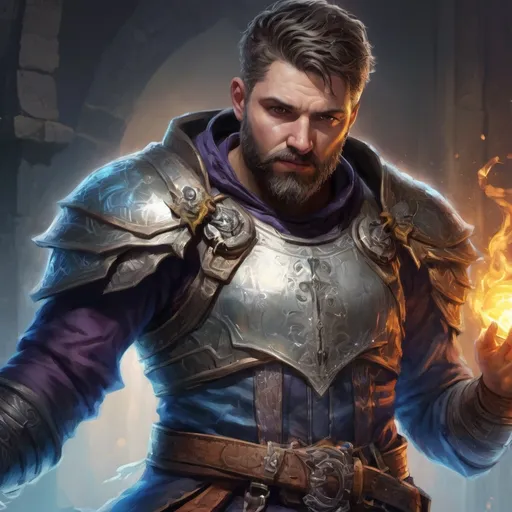 Prompt: (torso) Male stocky large battle-mage with short-cut hair and beard, wearing chainmail, casting a prismatic-spell inside a dungeon, pathfinder, d&d setting, in a realistic high quality digital art style, enhanced shadow quality, colorful