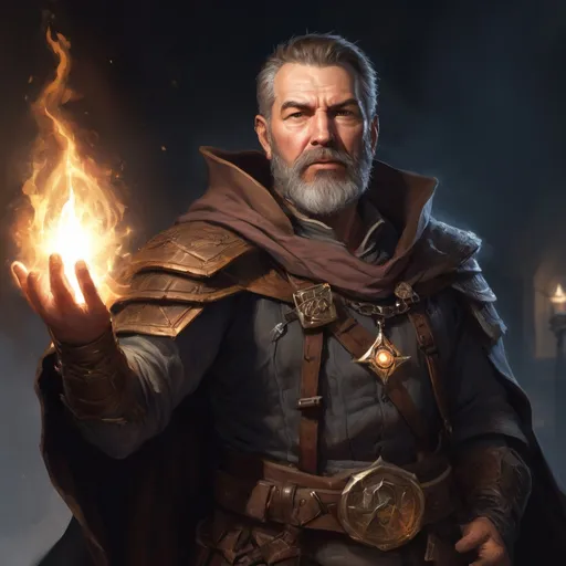 Prompt: (head and torso) Male stocky large mature wizard with short-cut brown hair and beard, engaged in combat casting a light spell inside of a dark dungeon, pathfinder, d&d setting, in a realistic high quality digital art style, enhanced shadow quality
