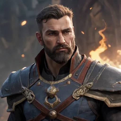 Prompt: Male heavy-set 39-year old muscular noble large sorcerer with short-cut hair and beard, in a windy castleground, pathfinder, d&d setting, enhanced shadow quality