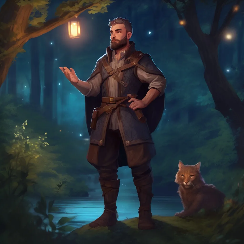 Prompt: (Full body) male magical stocky noble with short hair and beard, in nature at night, pathfinder, d&d setting, in a realistic digital art style