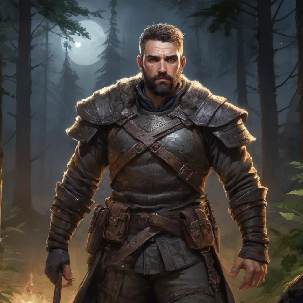 Prompt: Male stocky heavy-set mature fantasy-ranger with short-cut hair and beard, outside of fantasy forest at night, pathfinder, d&d setting, in a realistic high quality digital art style, enhanced shadow quality