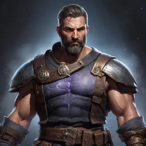 Prompt: (torso) Male stocky large beefy muscular 42-year old battle-mage with short hair and beard, chest-hair, engaged in combat casting an magical arcane-spell, villiage under siege at night, in movement, pathfinder, d&d setting, realistic, enhanced shadow quality, colorful