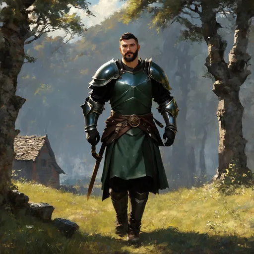 Prompt: (Full body) male warrior with short hair and beard, in dark forest-green armor, exploring a dark fantasy villiage by a forest, pathfinder, d&d setting, in a detailed digital art style