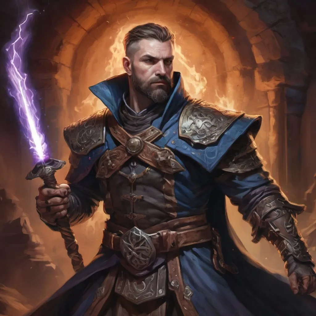 Prompt: (torso) Male stocky large mature Icelandic handsome battle-mage with short-cut hair and beard, engaged in combat casting an arcane-spell inside of a dark dungeon, in movement, pathfinder, d&d setting, realistic, enhanced shadow quality, colorful