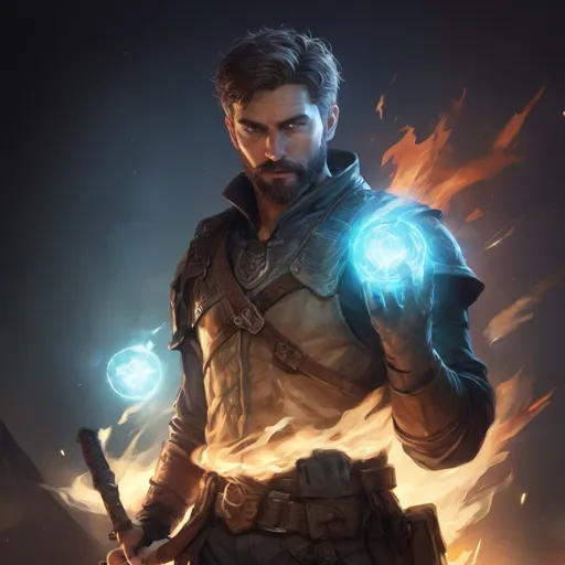Prompt: (torso) Male stocky mature light-ranger with short-cut hair and beard, on a battlefield at night, in combat, holding a magic weapon, bright aura, pathfinder, d&d setting, in a realistic high quality digital art style, enhanced shadow quality