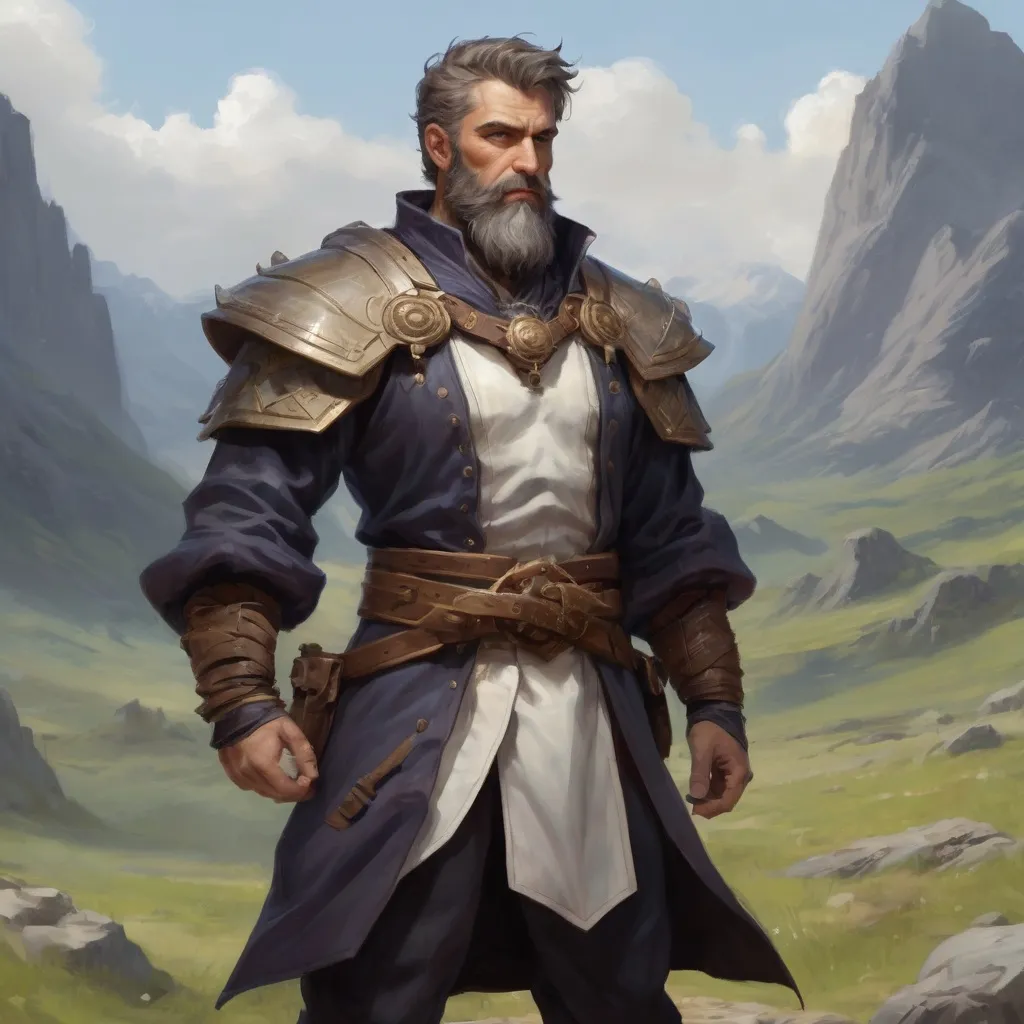 Prompt: (torso) Male heavy-set mature fit Summoner with short-cut hair and beard, casting magic out of hands, in a windy valley, pathfinder, d&d setting, enhanced shadow quality