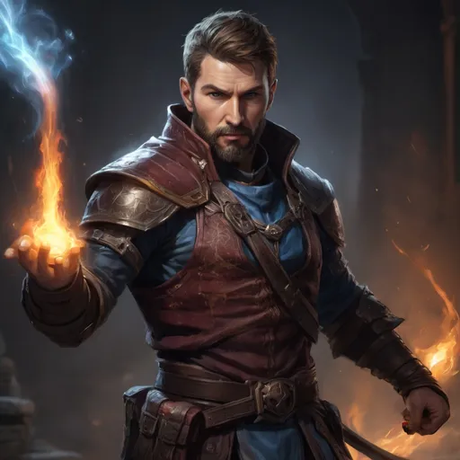 Prompt: (torso) Male stocky large battle-mage with short-cut hair and beard, engaged in combat casting a light spell inside of a dark dungeon, in movement, pathfinder, d&d setting, realistic, enhanced shadow quality, colorful