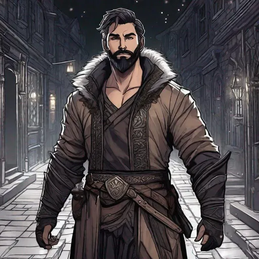 Prompt: (Full body) handsome arcane trickster glowing eyes with short cut hair beard, scar, manly face, dark light armor, pathfinder, dungeons and dragons, in a dark back street, in a painted style, realistic style