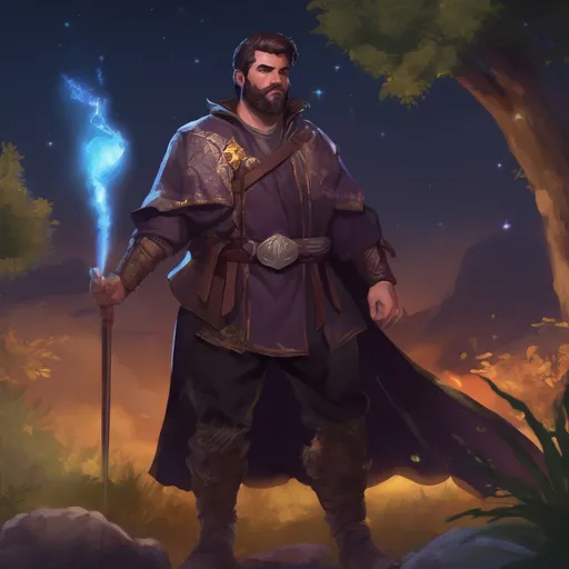 Prompt: (Full body) male stocky spanish magical elememtal mage with short hair and beard, big arms, in nature at night, pathfinder, d&d setting, in a realistic digital art style