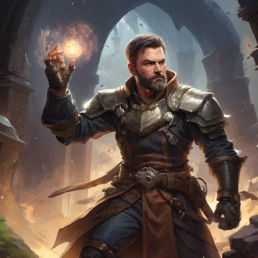 Prompt: Male stocky mature maguswith short-cut hair and beard, in combat casting magic, inside of an astral magical dimention, pathfinder, d&d setting, in a realistic high quality digital art style, enhanced shadow quality