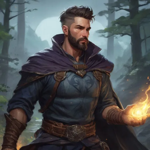 Prompt: (head and torso) Male heavy-set fit 30-year old hunky druid with short-cut hair and beard, holding magic-spell, in a windy nature at night, pathfinder, d&d setting, enhanced shadow quality