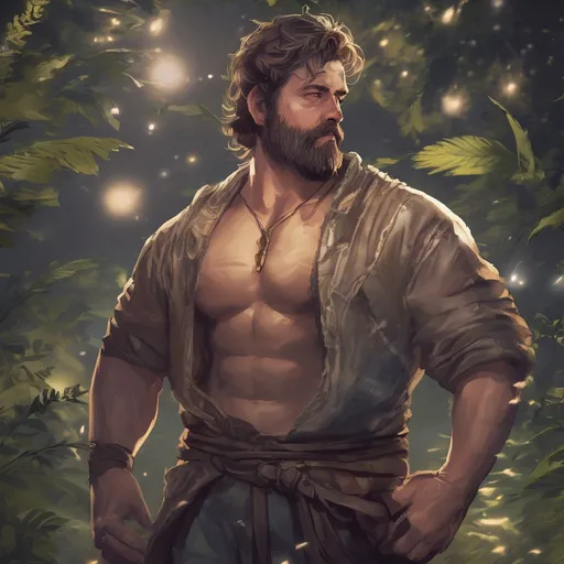 Prompt: (Full body) male stocky big-chested young transmuter with striped short hair and beard, hairy chest, casting swirly bright spell, in nature at night, pathfinder, d&d setting, in a realistic high quality digital art style