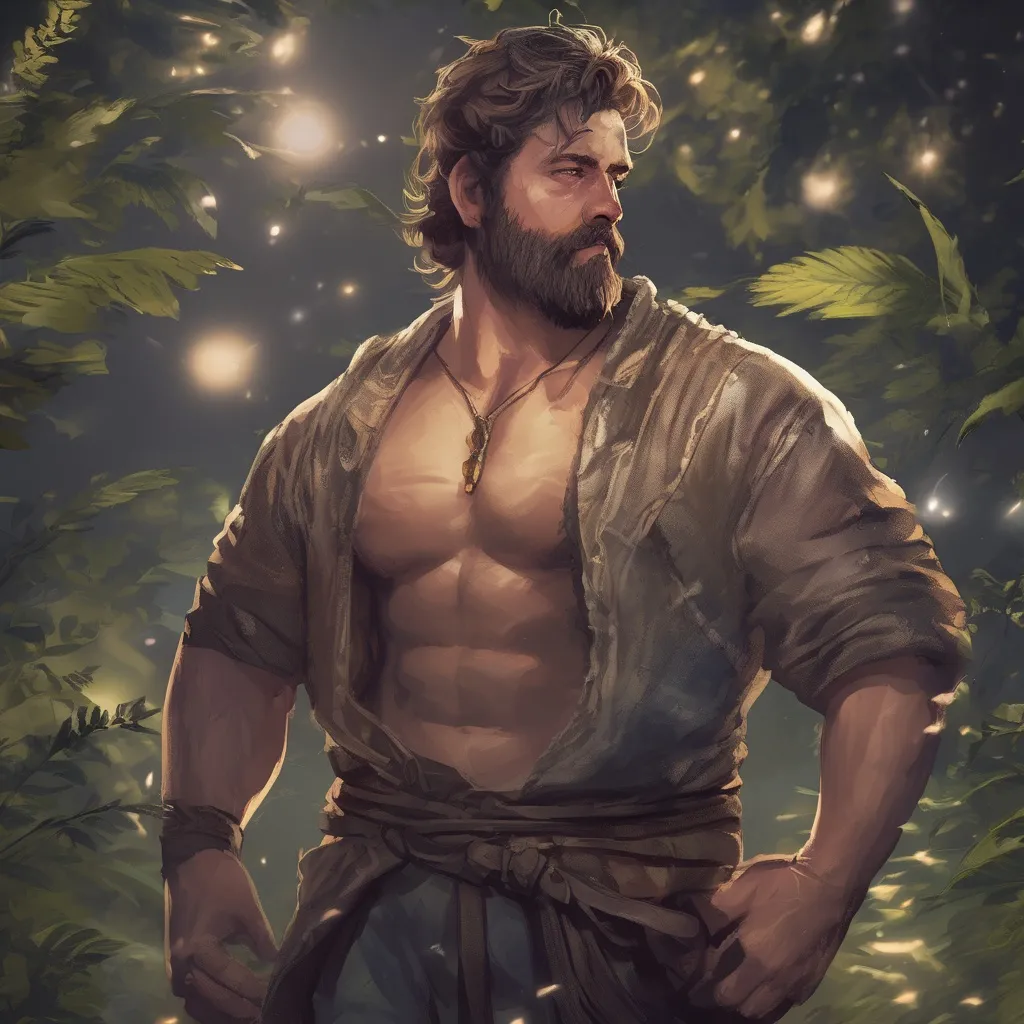 Prompt: (Full body) male stocky big-chested young transmuter with striped short hair and beard, hairy chest, casting swirly bright spell, in nature at night, pathfinder, d&d setting, in a realistic high quality digital art style