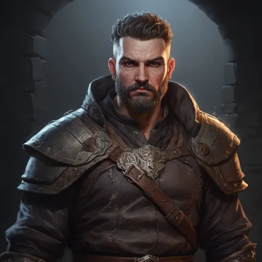 Prompt: Male stocky large mature albanian fighter with short-cut hair and beard, exploring a dark dungeon, pathfinder, d&d setting, in a realistic high quality digital art style, enhanced shadow quality, colorful