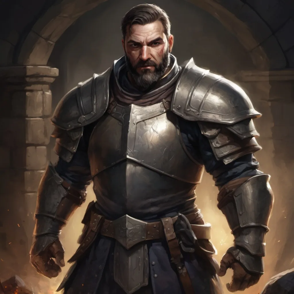 Prompt: (torso) Male stocky large mature knight with short-cut hair and beard, engaged in combat inside of a dark dungeon, pathfinder, d&d setting, in a realistic high quality digital art style, enhanced shadow quality