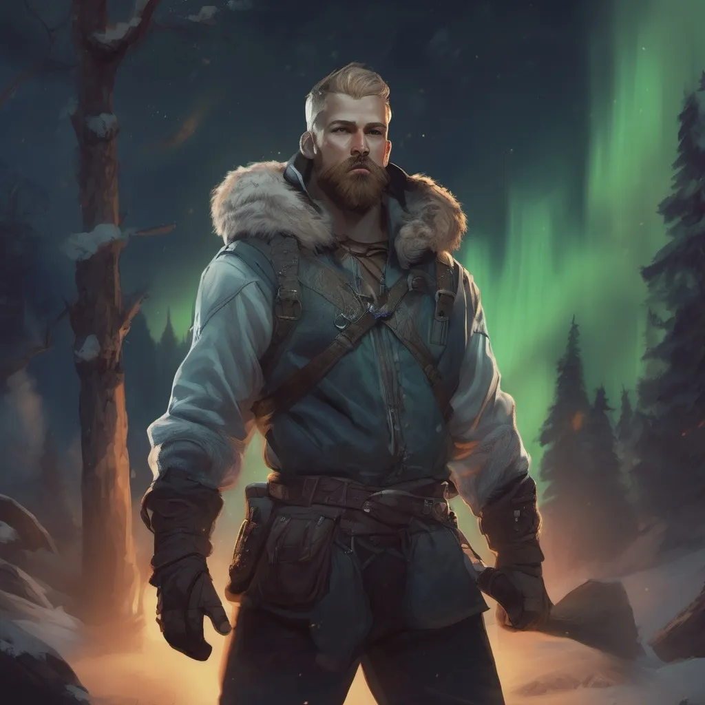 Prompt: (Full body) male magical stocky norwegian rogue with short hair and beard, in nature with northern lights, pathfinder, d&d setting, in a realistic digital art style