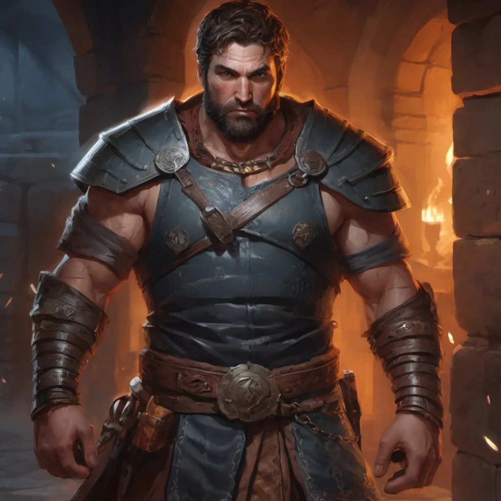 Prompt: Male stocky heavy-set warrior with short-cut hair and beard, hairy chest, pecs and belly, inside a temple dungeon at night, pathfinder, d&d setting, in a realistic high quality digital art style, enhanced shadow quality