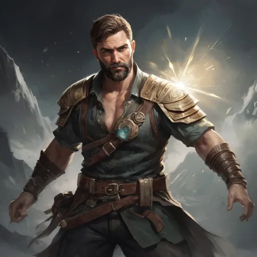 Prompt: (torso) Male stocky large fit 37-year old enchanter with short-cut hair and beard, open shirt hairy chest, in combat casting a magic-ray out of hands in a windy path, pathfinder, d&d setting, in a realistic high quality digital art style, enhanced shadow quality, colorful