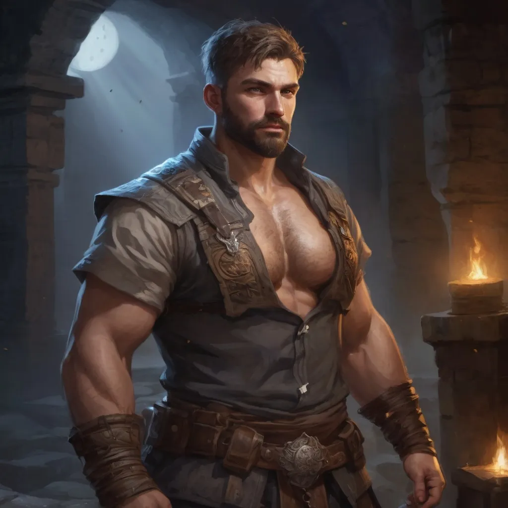 Prompt: Male stocky heavy-built warrior with short-cut hair and beard, open shirt hairy chest, belly, inside a temple dungeon at night, pathfinder, d&d setting, in a realistic high quality digital art style, enhanced shadow quality